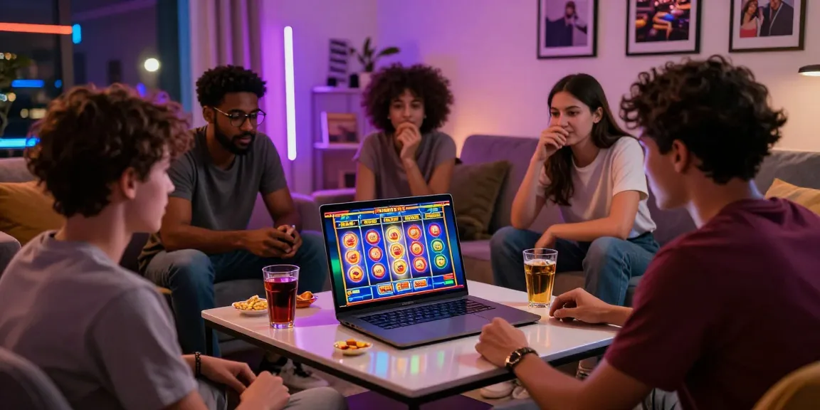 Group enjoying situs judi slot on a laptop in vibrant casino atmosphere with snacks and drinks.
