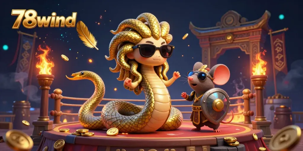 Engage with 78wind's vibrant casino world featuring Medusa and a warrior mouse in action.