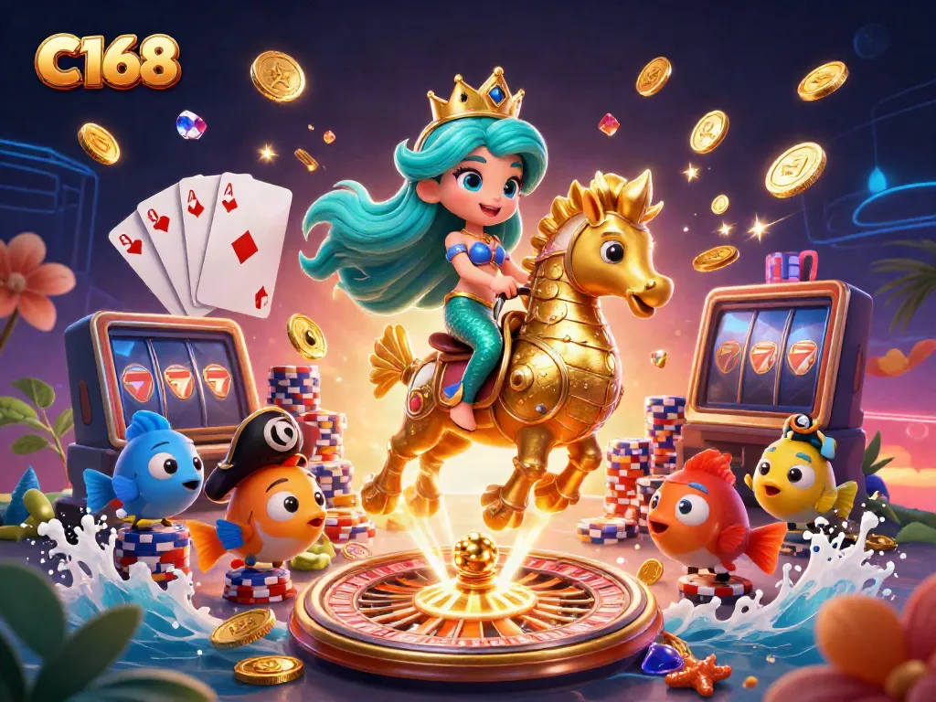 Join the C168 mermaid princess in a vibrant underwater casino scene, featuring jackpots and colorful poker chips.