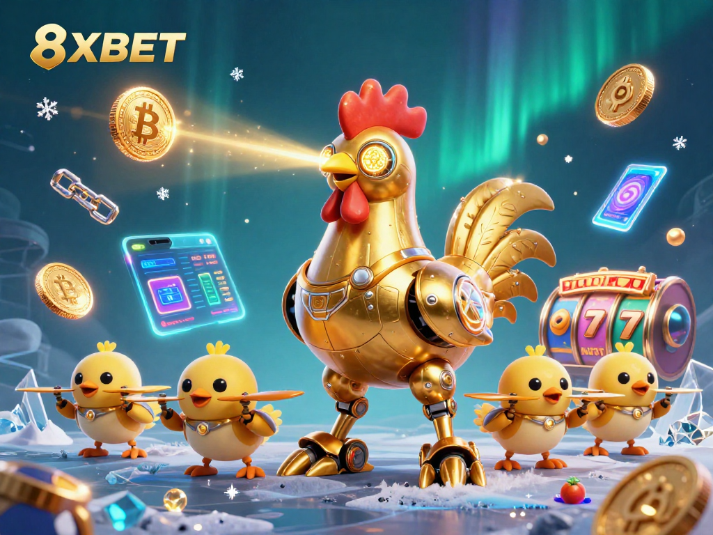 Engage with 8XBET's thrilling casino experience featuring a unique golden rooster robot and vibrant gaming elements.
