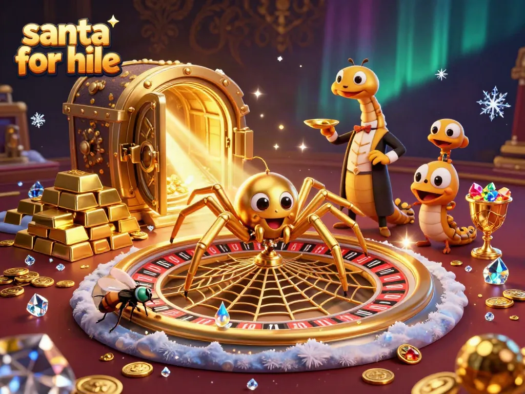 Experience the festive excitement with a captivating illustration of Santa for hire amid a vibrant gambling scene.