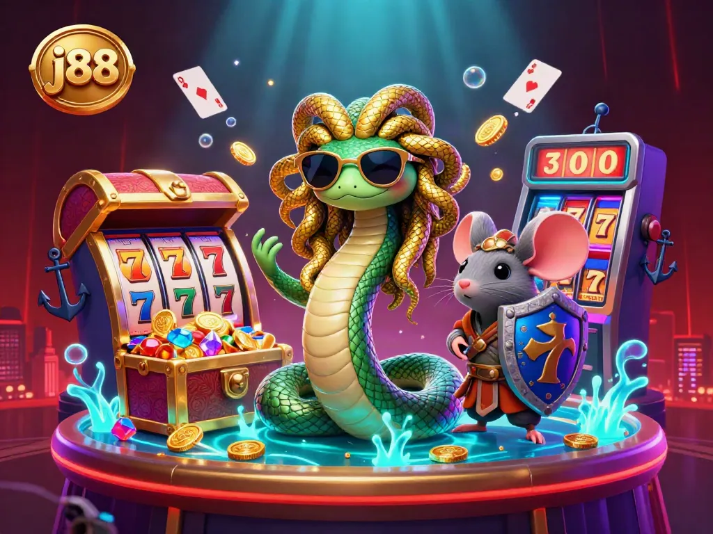 Engage in the fun j88 casino experience with playful Medusa and a warrior mouse, surrounded by vibrant slot elements.