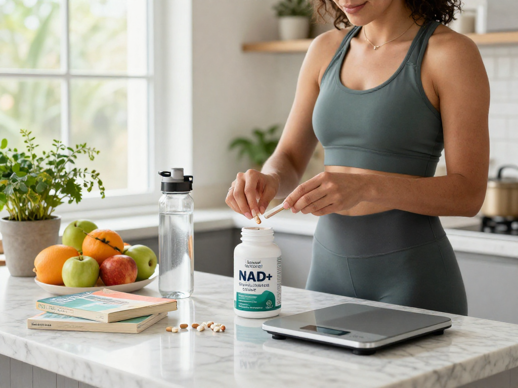 NAD+ benefits highlighted in a wellness kitchen with a health enthusiast preparing Restore Blend Peptide Buccal Strips.