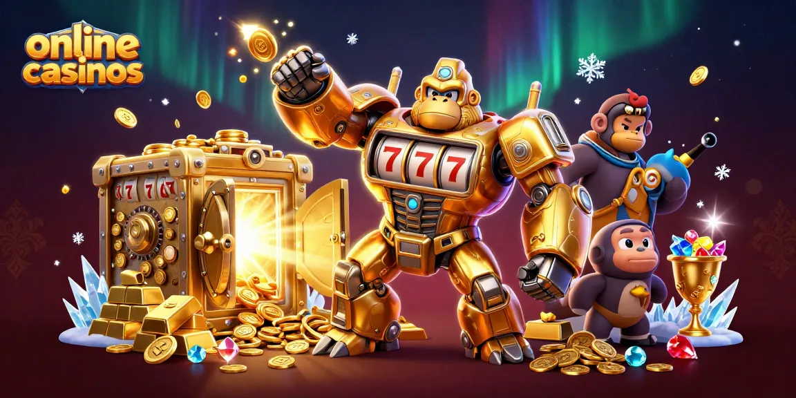 Experience the thrill of online casinos with a dynamic 3D scene featuring a golden mech and treasures.