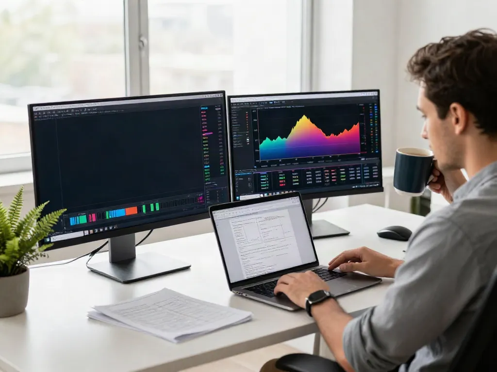 TradingView analysis workspace with multiple screens showing live market data and strategy testing.