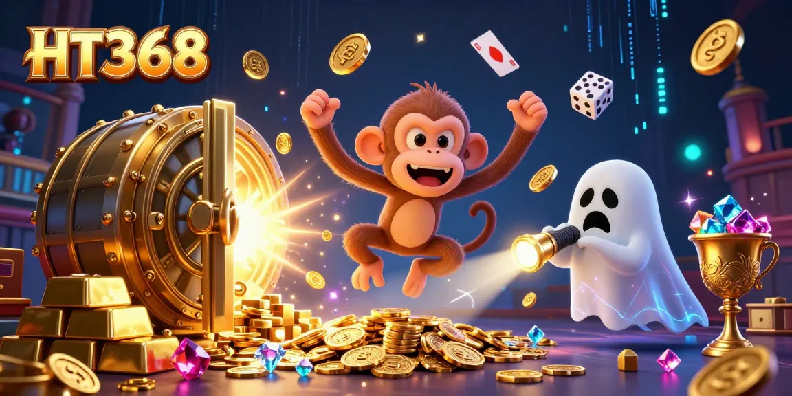 Immerse in HT368's thrilling haunted casino scene with a mischievous ghost monkey and curious ghost-hunter puppy, exploring captivating treasures.