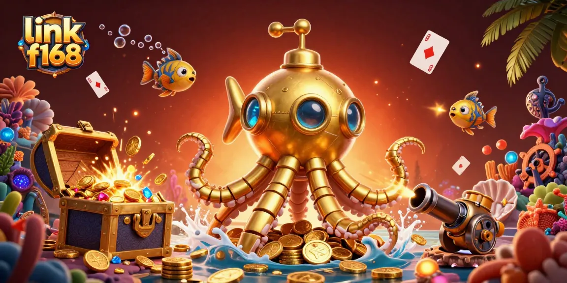 Engage the thrill of gaming with link f168 as a golden kraken submarine rises from a treasure-laden sea.
