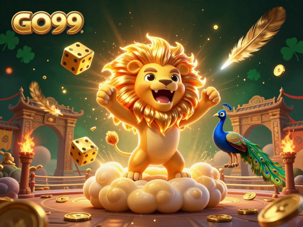 Engage with GO99's thrilling casino adventures featuring a roaring sun lion amid gold coins.