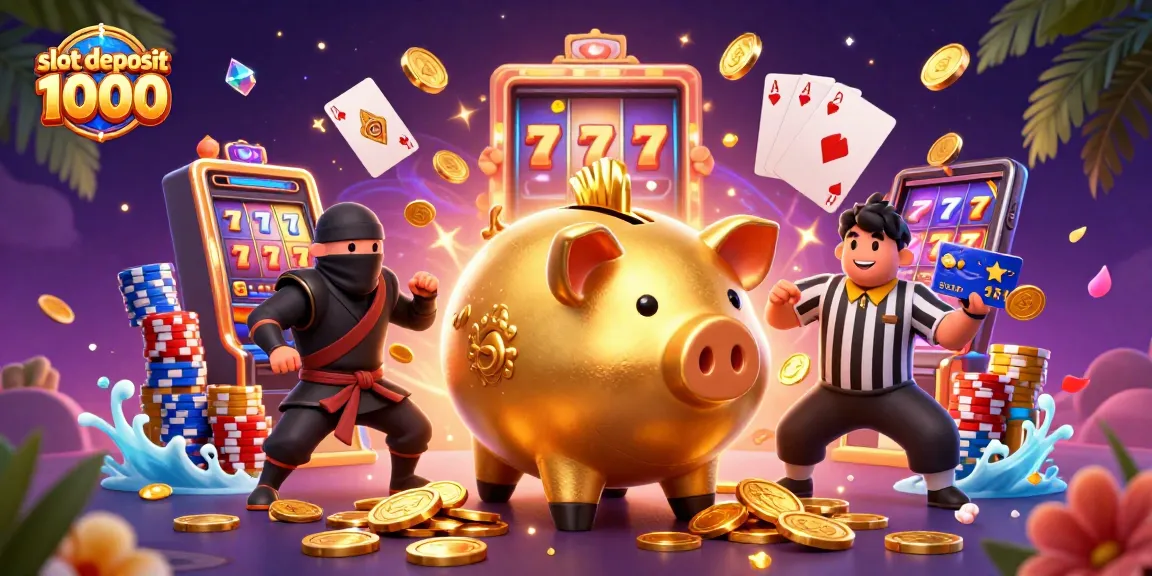 Experience the thrill of slot deposit 1000 with a vibrant 3D illustration featuring dynamic gaming elements.