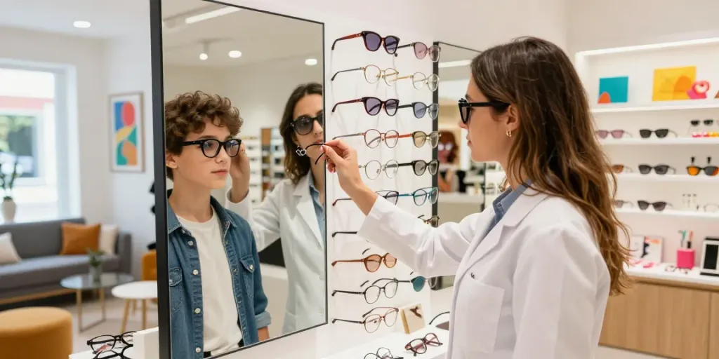Cliente escolhendo óculos de grau em uma ótica moderna com estilo.