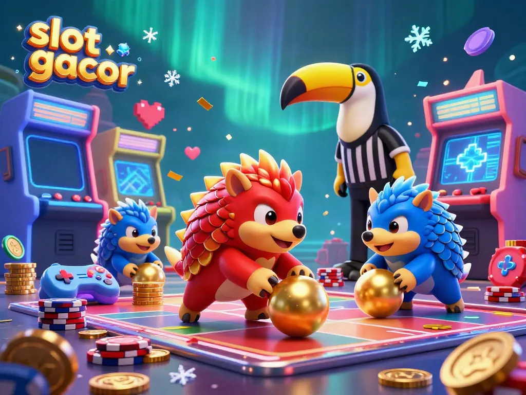 Experience the thrill of slot gacor with two pangolins competing amid vibrant casino elements and golden confetti.