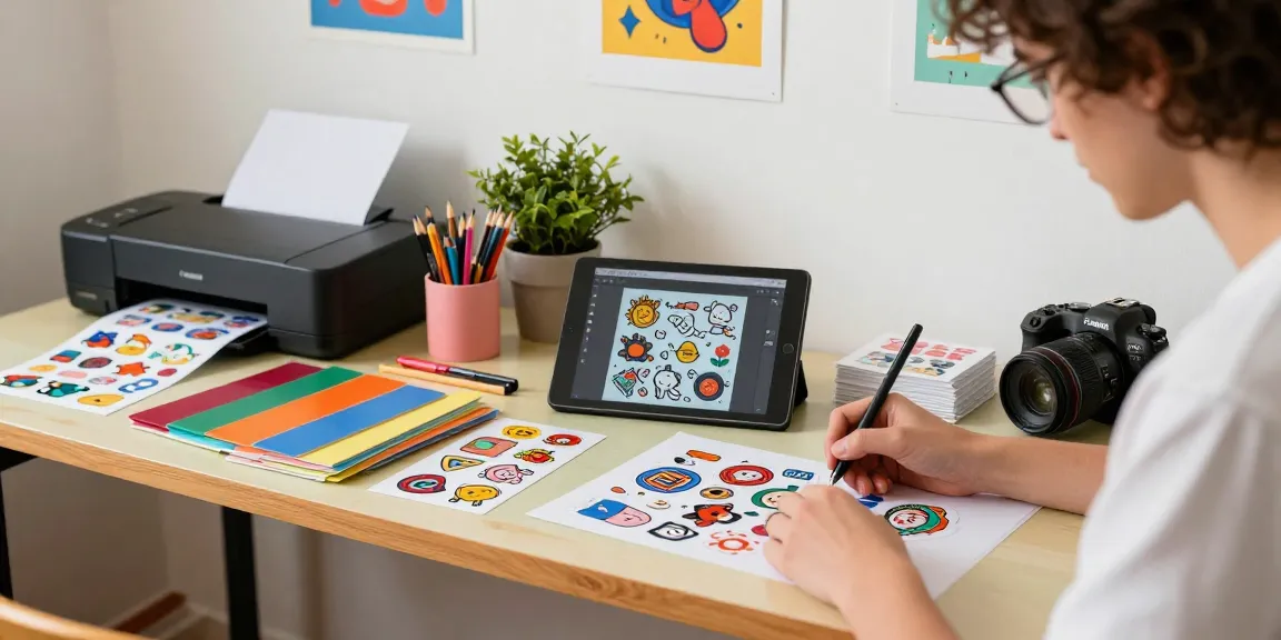 Artist designing custom stickers in a vibrant workspace filled with art supplies.