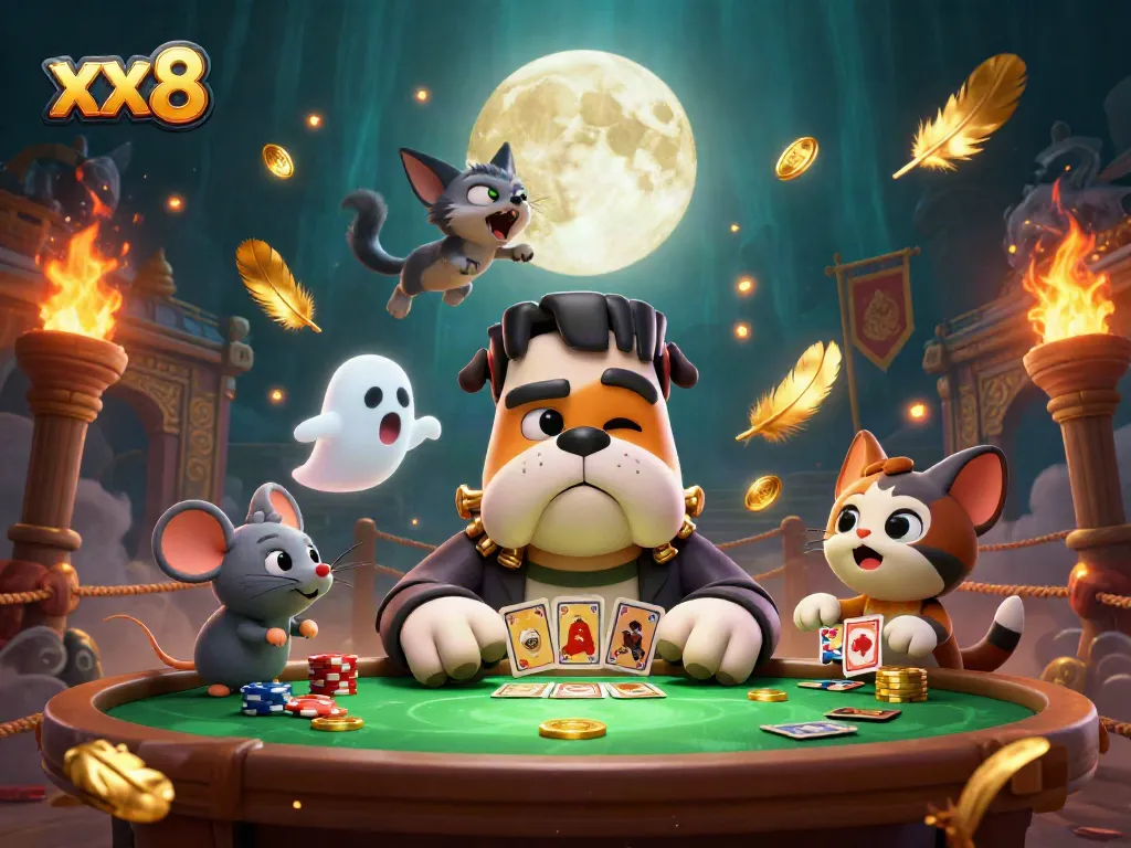 Win big with xx8 at a lively table featuring a bulldog dealer and a ghostly mouse.