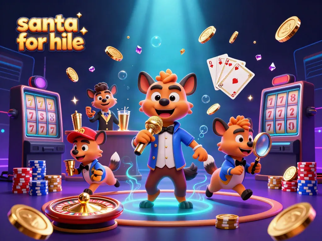 Engaging casino scene featuring "santa for hire" hyenas, delivering laughs with golden coins scattered