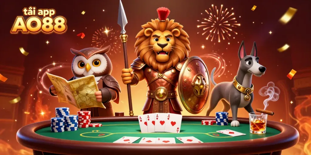 Engage in thrilling poker with tải app AO88 featuring a Spartan lion, an owl strategist, and a greyhound in a vibrant scene.