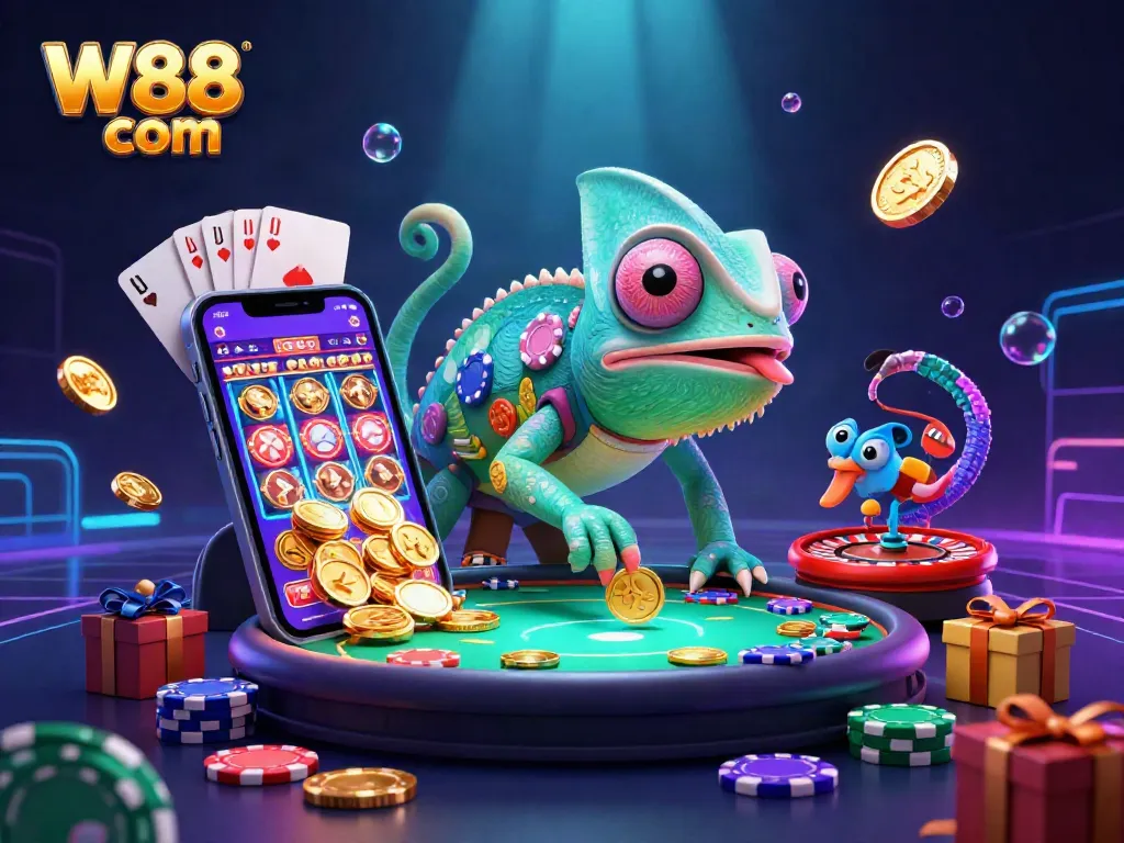 Engage with W88 com's colorful slot games as a vibrant chameleon casino owner delights in golden winnings.