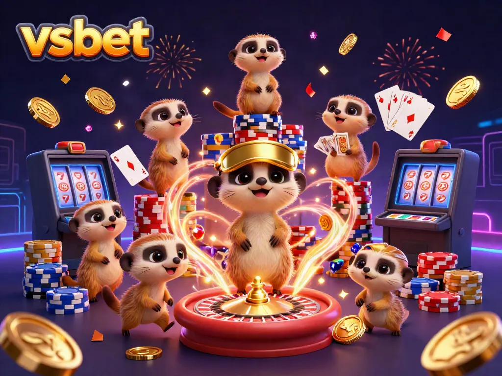Experience the excitement of winning at VSBET with a vibrant 3D casino scene featuring animated meerkats.