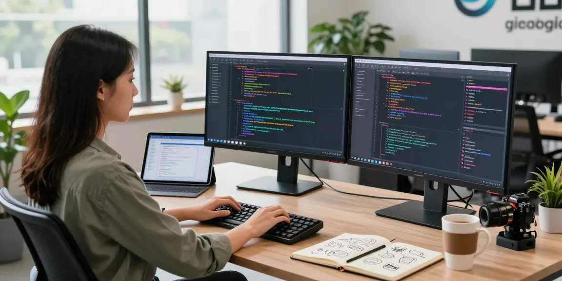 Developer coding with dual monitors in a modern workspace focused on rti scheduler software.