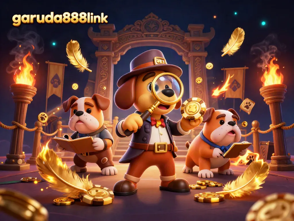 Engage in gaming adventures with garuda888link featuring detectives examining clues in a vibrant casino.