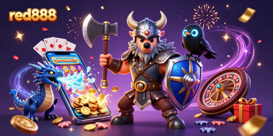 Engaging red888 gaming scene with a Viking wolf warrior and playful dragon amidst slot games and casino elements.