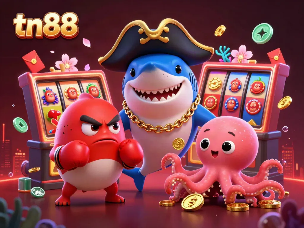 Experience exciting gaming moments with tn88, featuring a cartoon pirate shark and vibrant casino-themed elements.