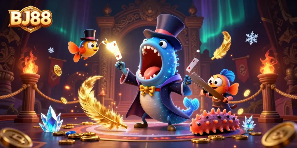 Engage with BJ88's thrilling casino magic act featuring 3D characters in an immersive deep-sea setting.