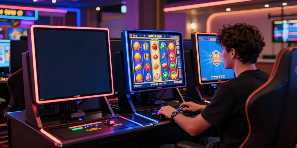 Player enjoying king999 online slots in a modern gaming room setting.