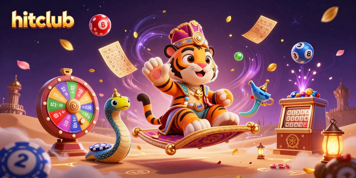 Hitclub's magical tiger sultan on a poker chip carpet amid colorful lottery elements, showcasing excitement.