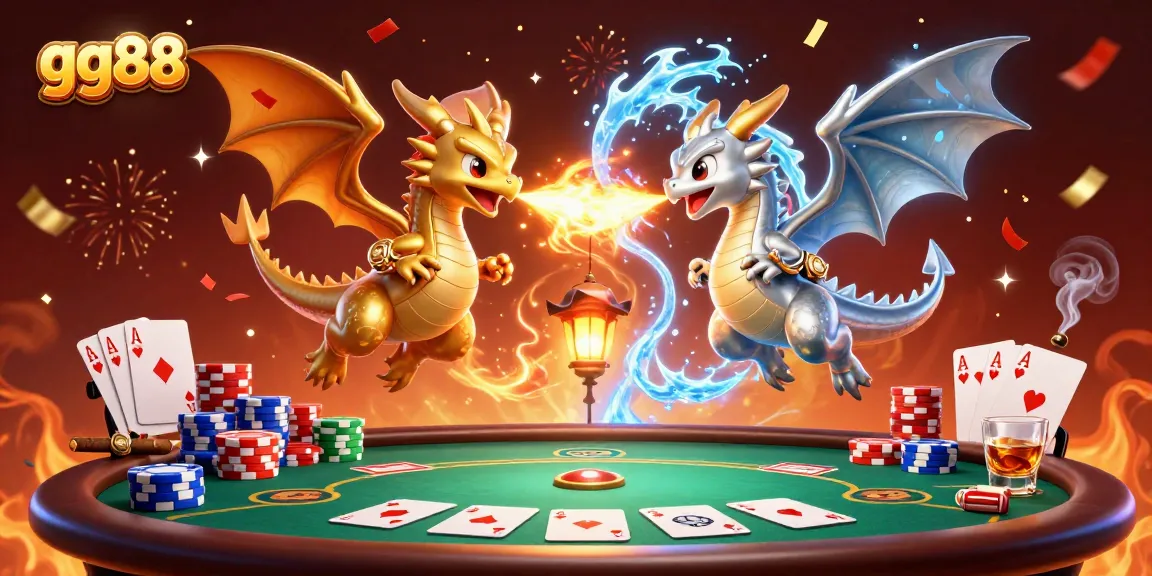 Experience thrilling gameplay with gg88 as twin dragons create an epic scene amidst poker and casino elements.