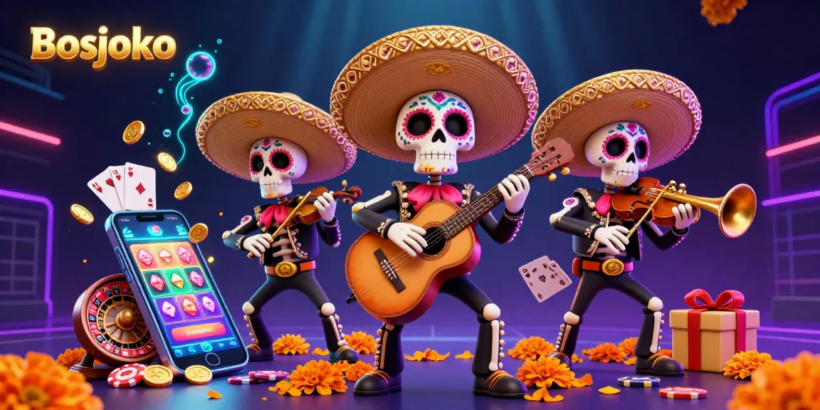 Bosjoko showcases a vibrant 3D skeleton mariachi band surrounded by colorful slot game elements, coins, and cards.