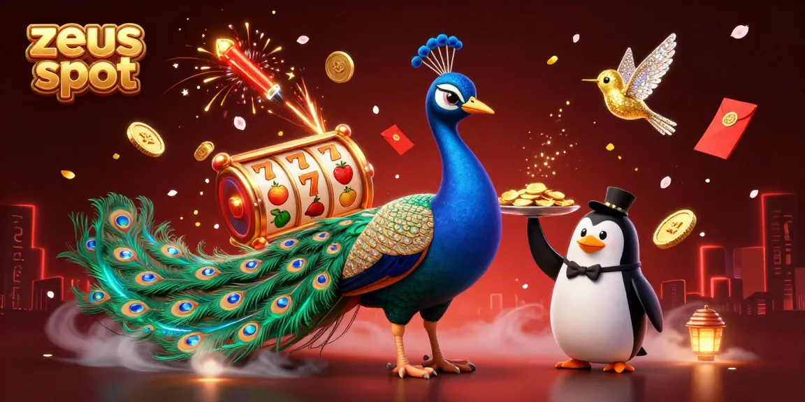Permainan zeus slot yang menampilkan merak megah dan karakter kasino memikat dengan elemen keberuntungan.