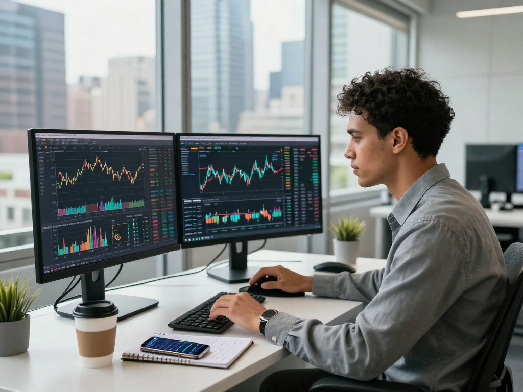 Financial analyst using TradingView on multiple screens in a bright office environment with urban skyline view.