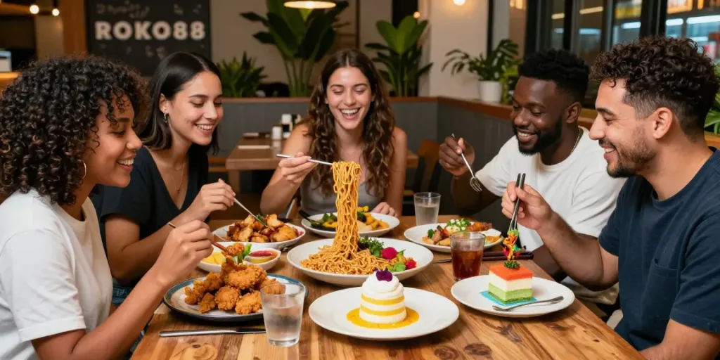 Millennials savoring delicious ROKOK88 dishes highlighting crispy chicken, spicy noodles, and trendy desserts.