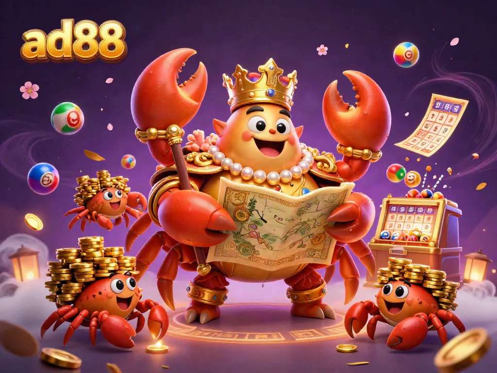 Engage with ad88's exhilarating lottery-themed scene featuring a golden crab emperor amidst dynamic game elements.