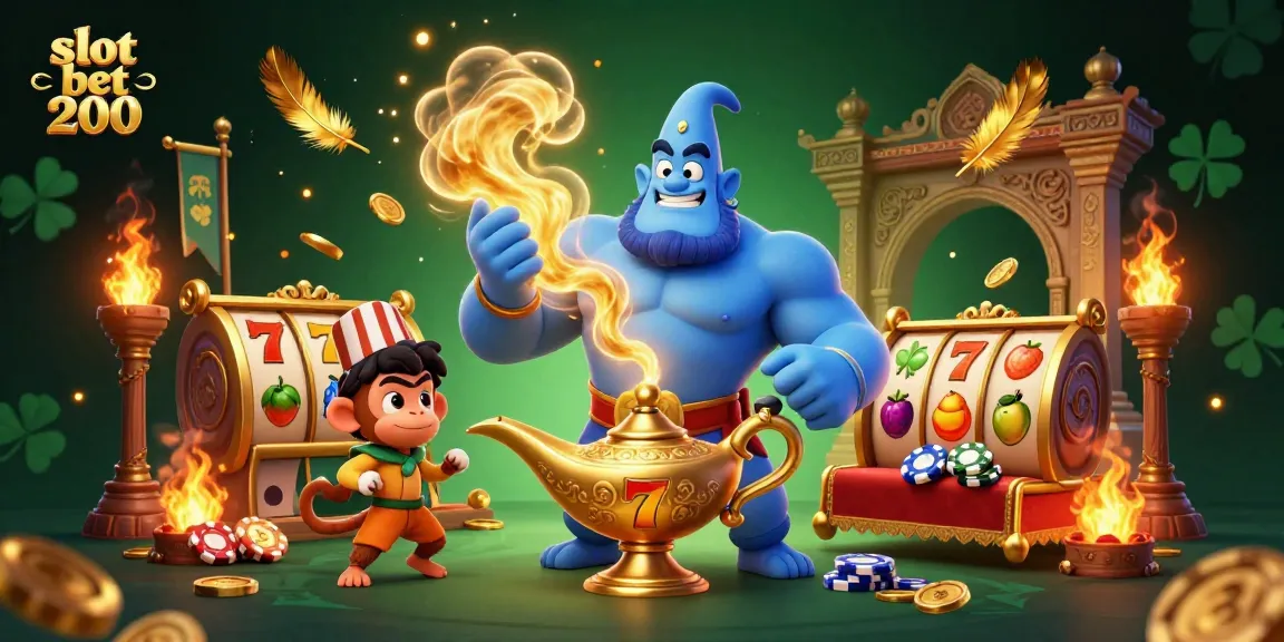 Experience thrilling wins with slot bet 200 in this vibrant 3D casino illustration showcasing a genie and vibrant casino elements.