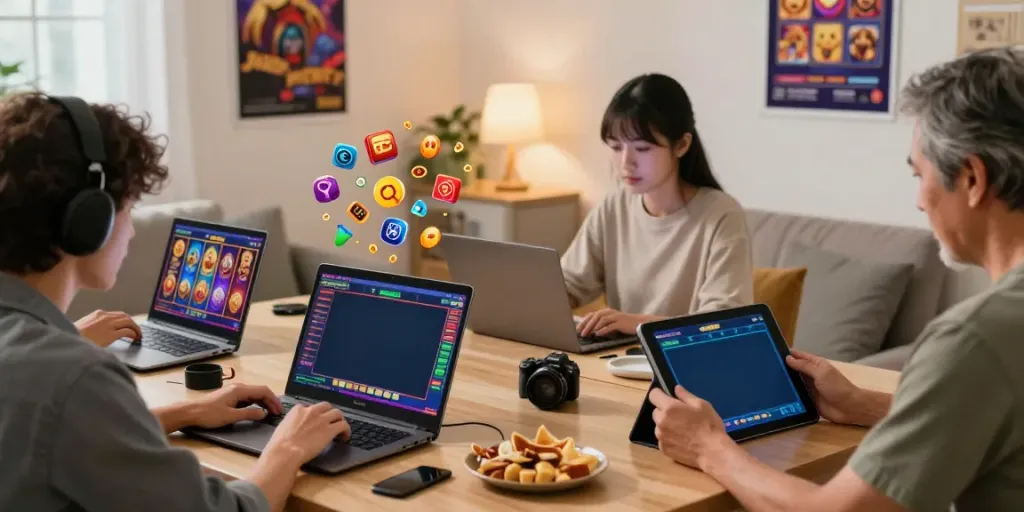 Engaging judi slot online gaming scene with diverse players focused on their devices