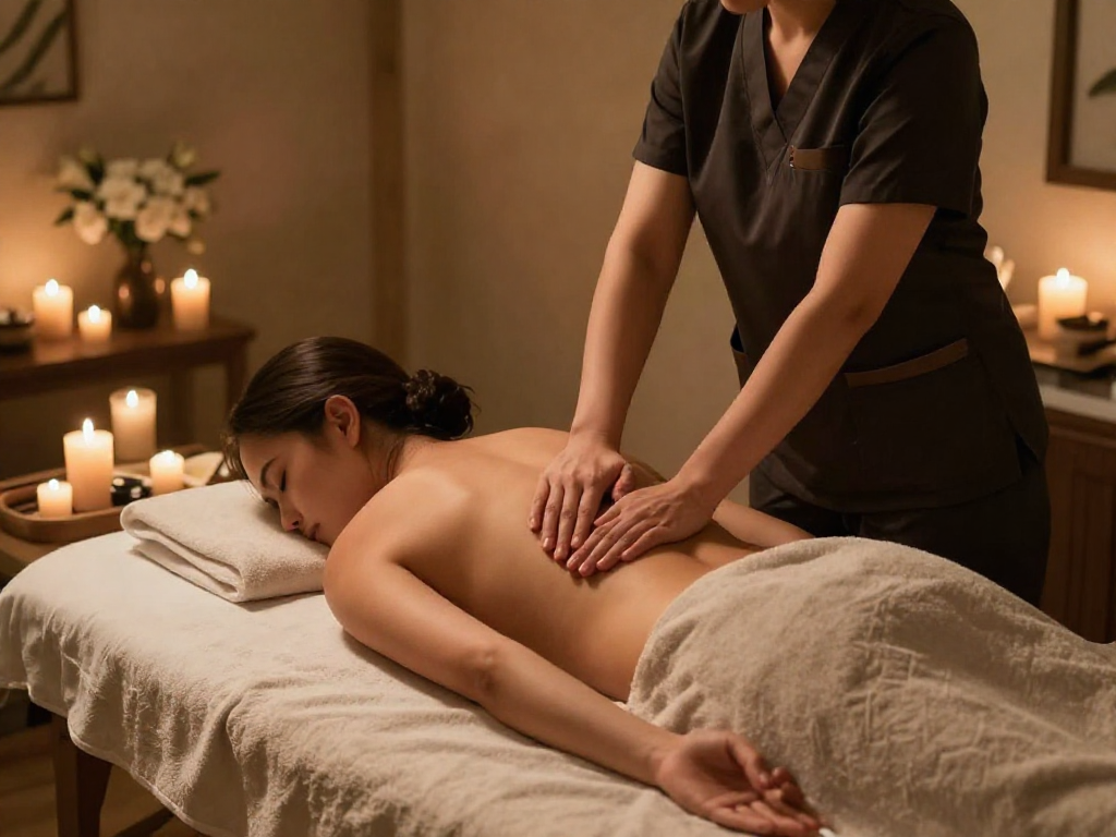 고양출장마사지 in a luxurious home spa setting, therapist providing relaxation and comfort.