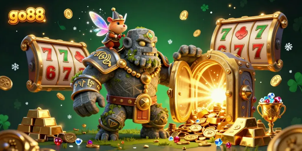 Experience the thrill of go88 in this vibrant illustration of a stone golem, fairy, and hamster knight surrounded by slots and treasure.