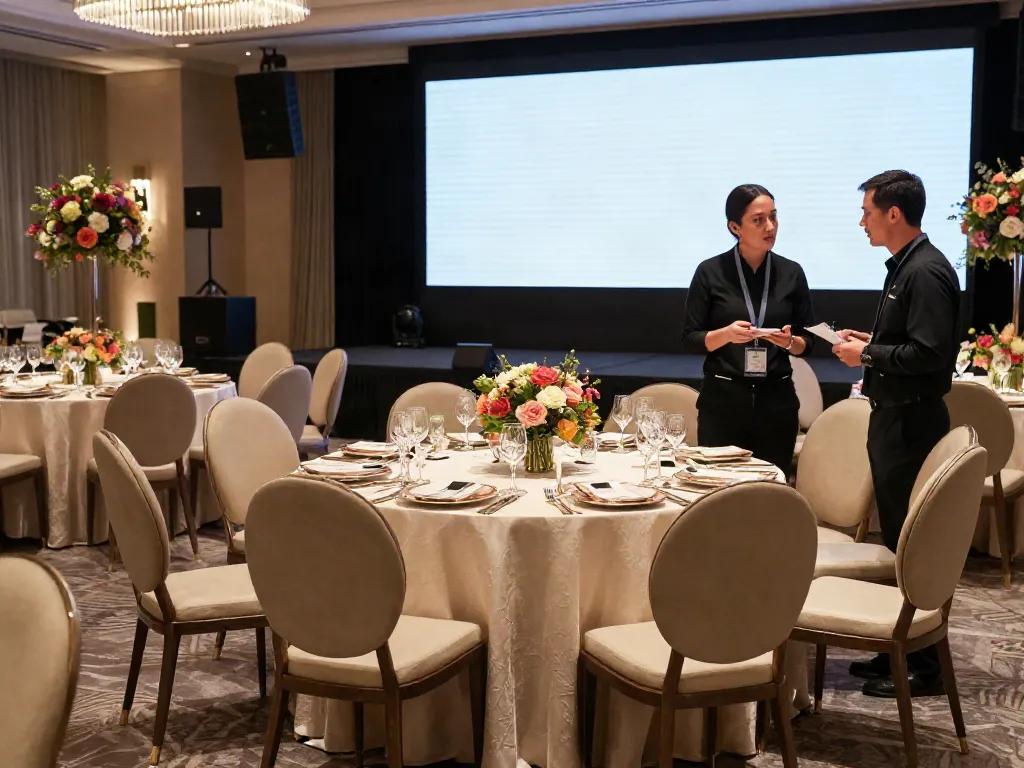 Event furniture rental in a luxurious banquet hall with well-arranged tables, chairs, and ambient lighting.
