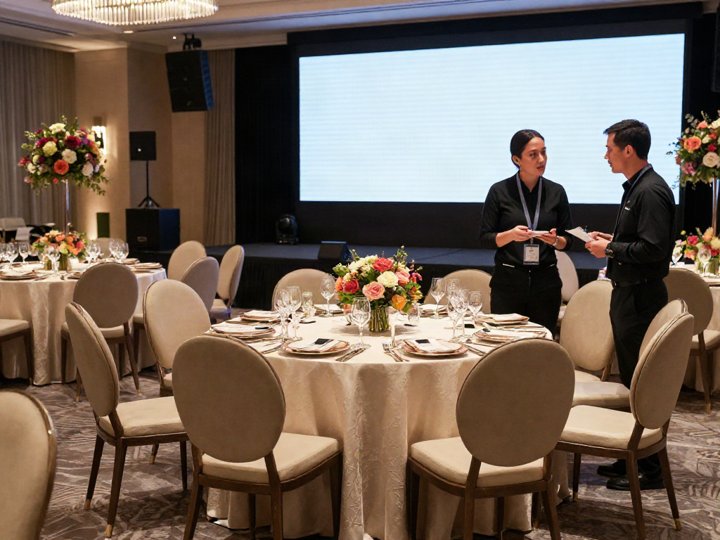 Event furniture rental in a luxurious banquet hall with well-arranged tables, chairs, and ambient lighting.