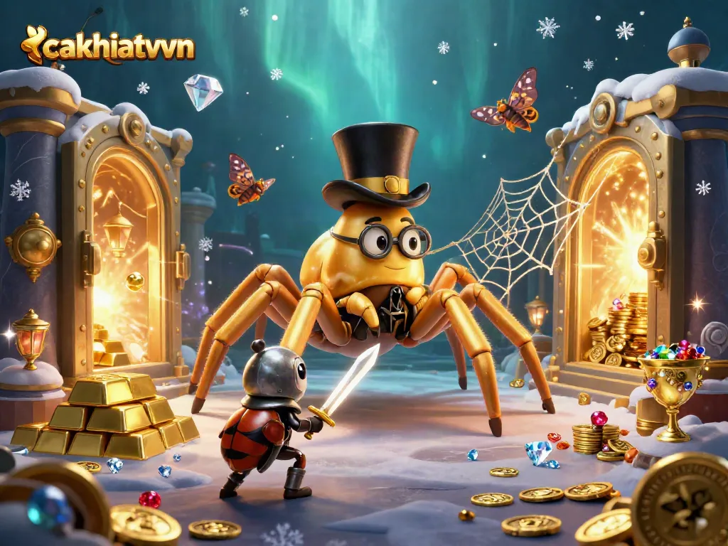 Experience excitement with cakhiatvvn's golden tarantula and knight amid dazzling treasures and casino pillars.