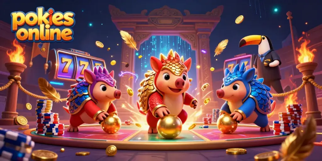 Experience thrilling pokies online with competitive pangolins and dynamic game elements in this vibrant illustration.