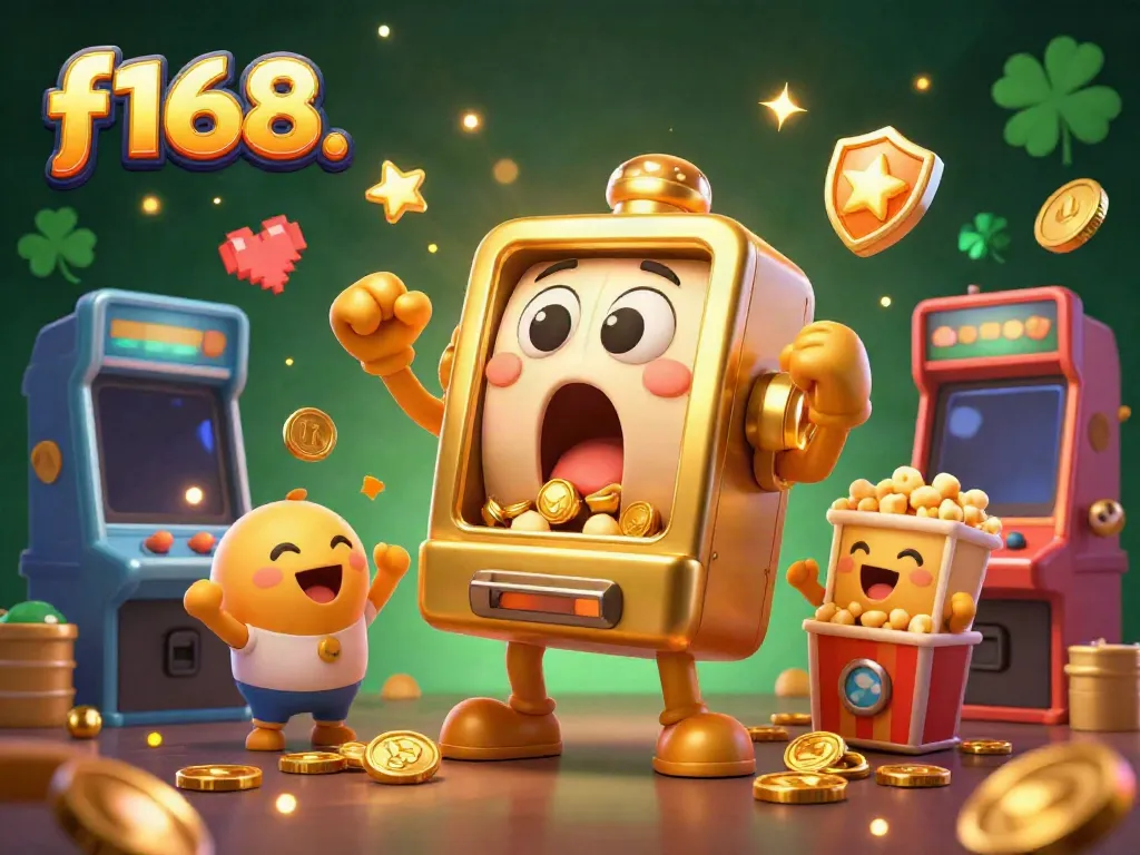 Experience thrilling jackpots with f168. as a cheerful golden slot machine celebrates winnings amid vibrant gaming elements.