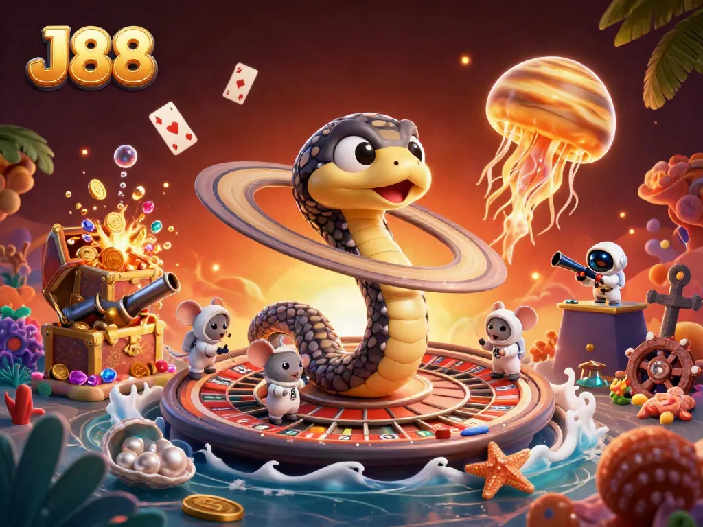 Experience J88 action with astronaut mice betting on a roulette wheel formed by a Saturn snake in a vibrant casino scene.