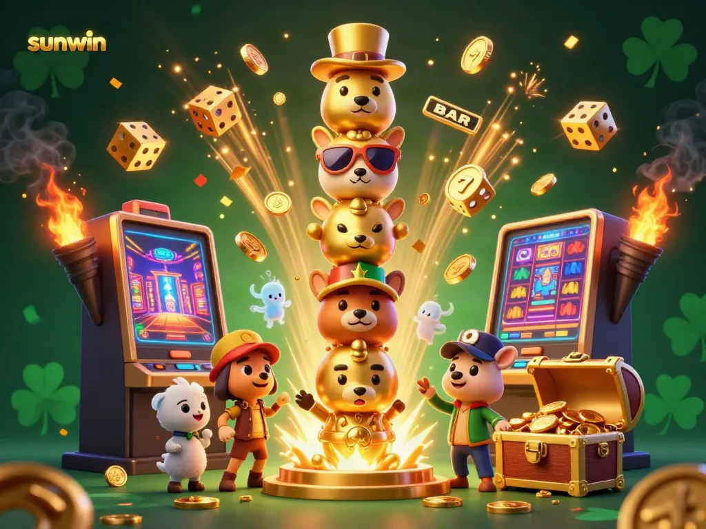 Experience sunwin's vibrant casino action with a golden totem surrounded by winning symbols and celebratory explosions.