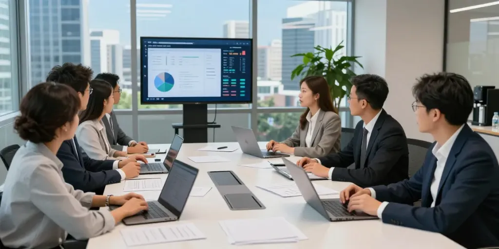 Dynamic team discussing effective digital marketing strategies in a modern office.