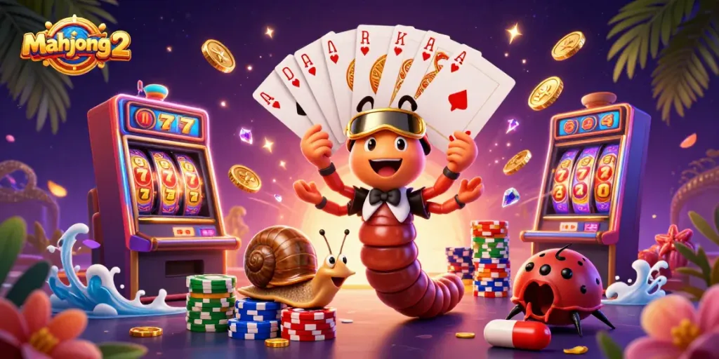 Experience thrilling gameplay in mahjong 2 with vibrant characters, exciting slot elements, and colorful casino imagery.