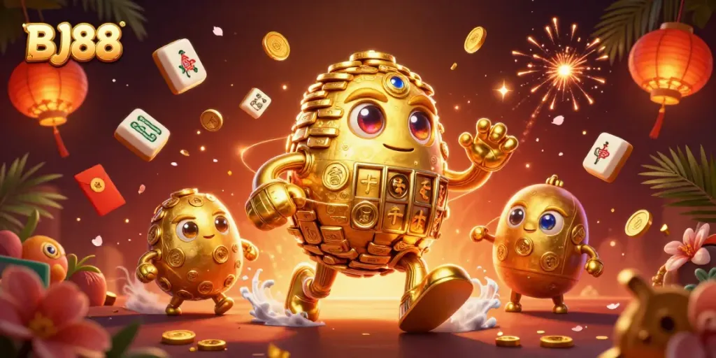 BJ88 features a golden golem amidst sparkling gambling elements, radiating energy and excitement.