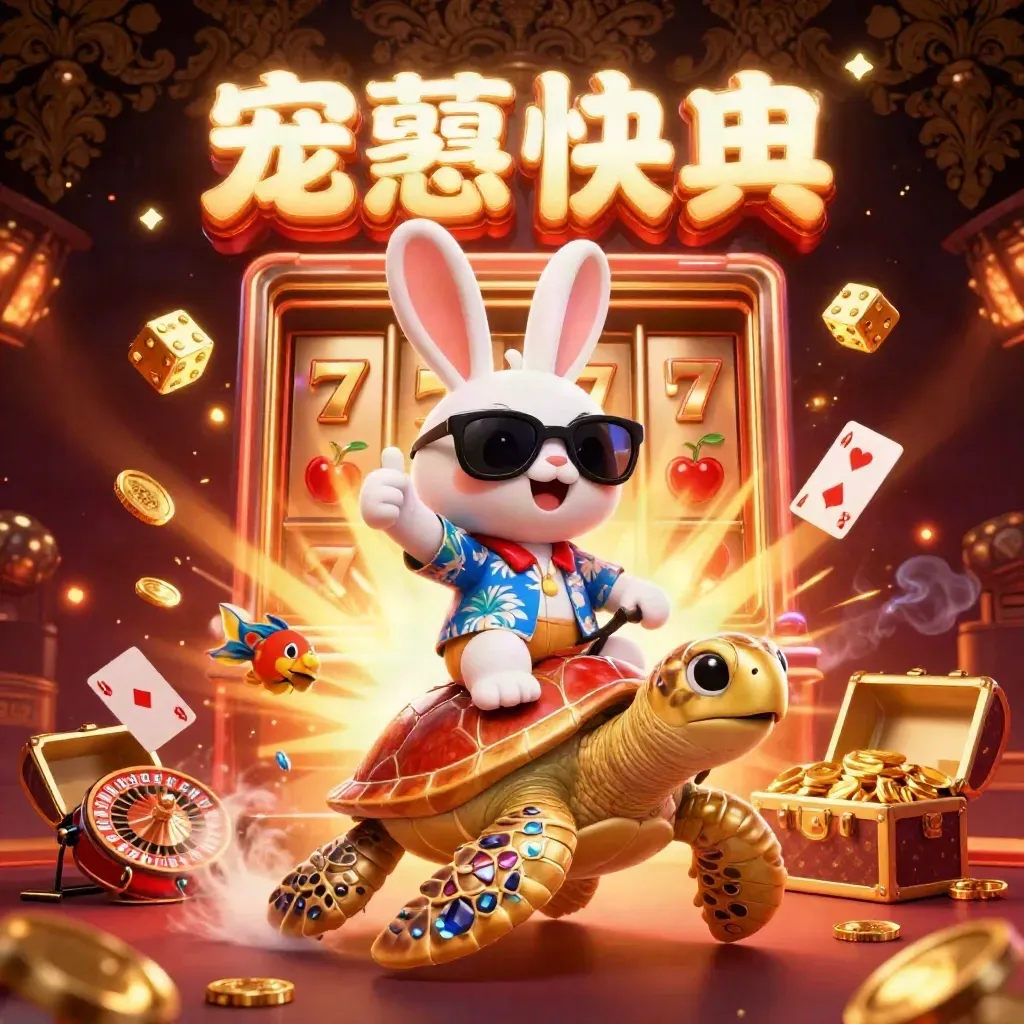 Lucky rabbit rides a gem-studded sea turtle amid slot symbols, gold, and damask casino light