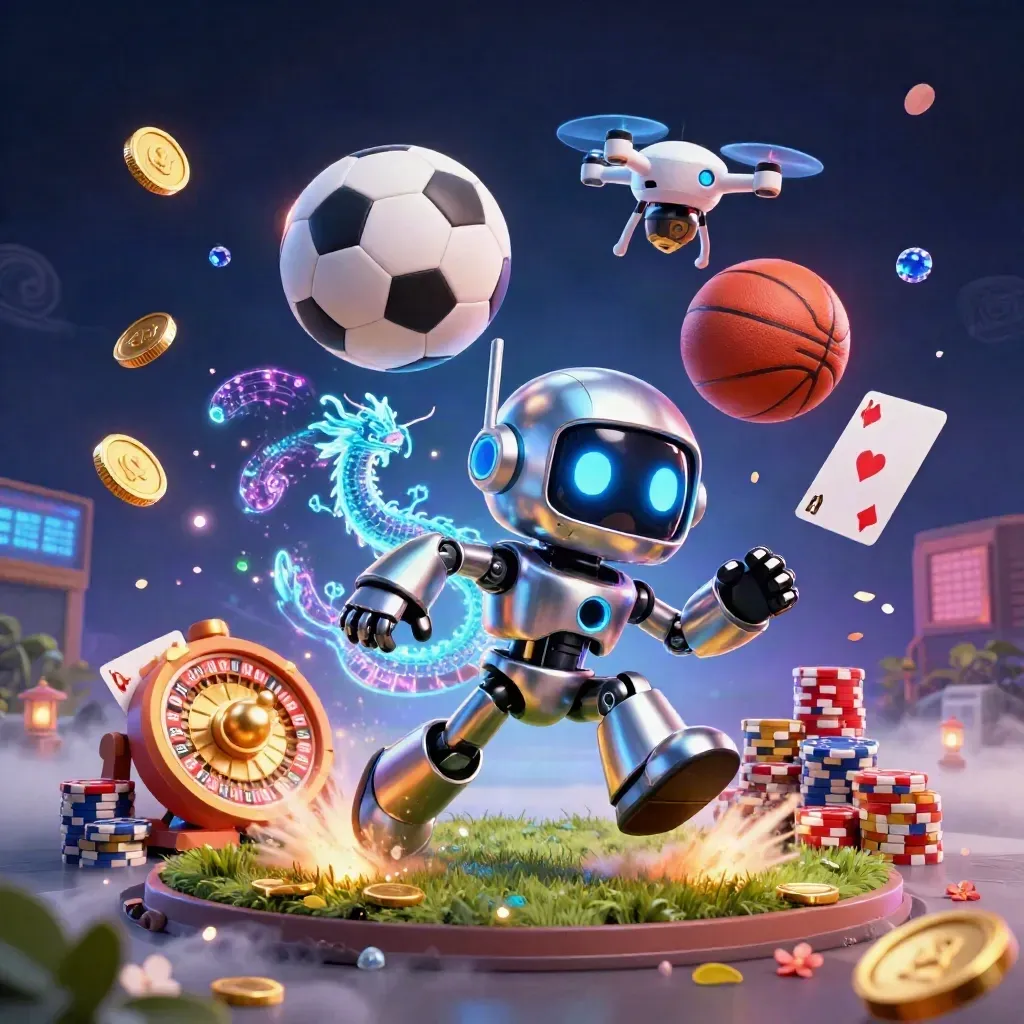 Cyberpunk robot, dragon, and drone over balls, chips, coins, and a glowing night stadium